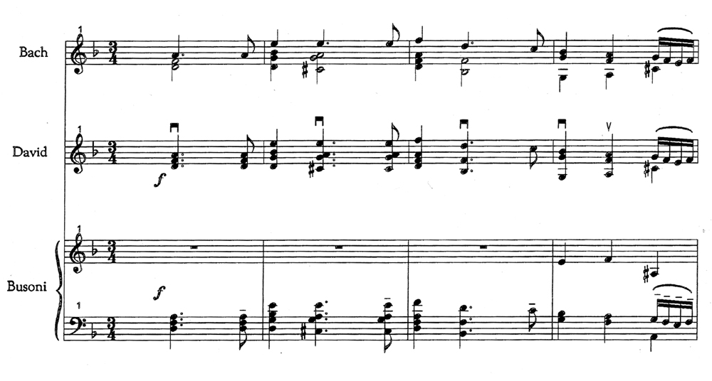 An example showing the opening of the Chaconne in Bach's original notation, David's edition and Busoni's transcription