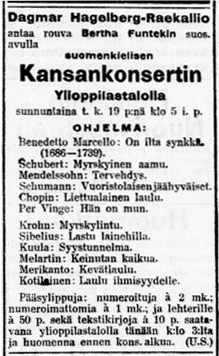Facsimile of a advertisement for the concert in Helsinki on 19 January 1908 which appeared in Työmies on 18 January 1908, p. 2.