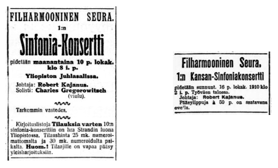 Black and white facsimiles of Adverts for the opening concert of the Symphony Concert series (Helsingin Sanomat, 07.10.1910, 2) and the 1st Popular Symphony Concert Tymöes, 15.10.1910, 2).