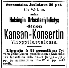 Black and white facsimile of an advertisement in Uusi Suometer (29 December 1888, page 1) outlining the ticheting arrangements for the concert.